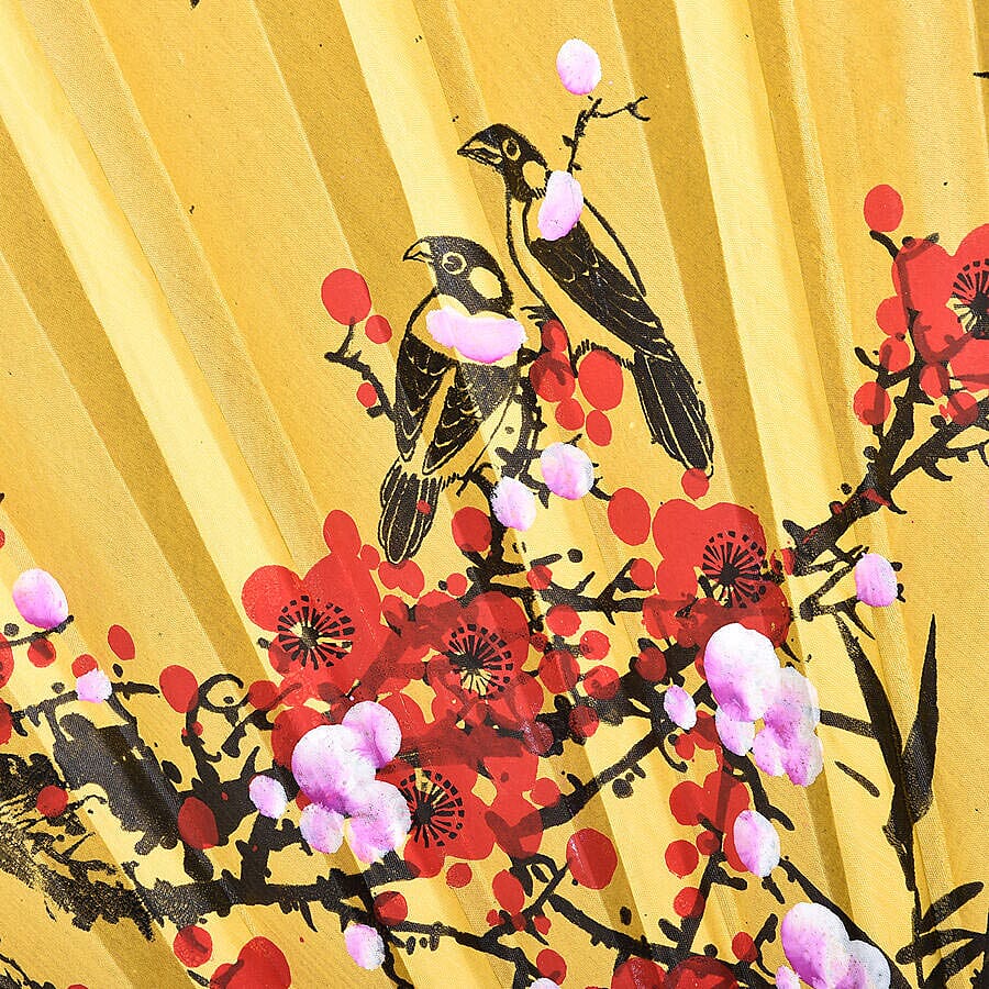 Decorative Yellow Bamboo & Floral Pattern Japanese Style Folding Fan (3 ft)