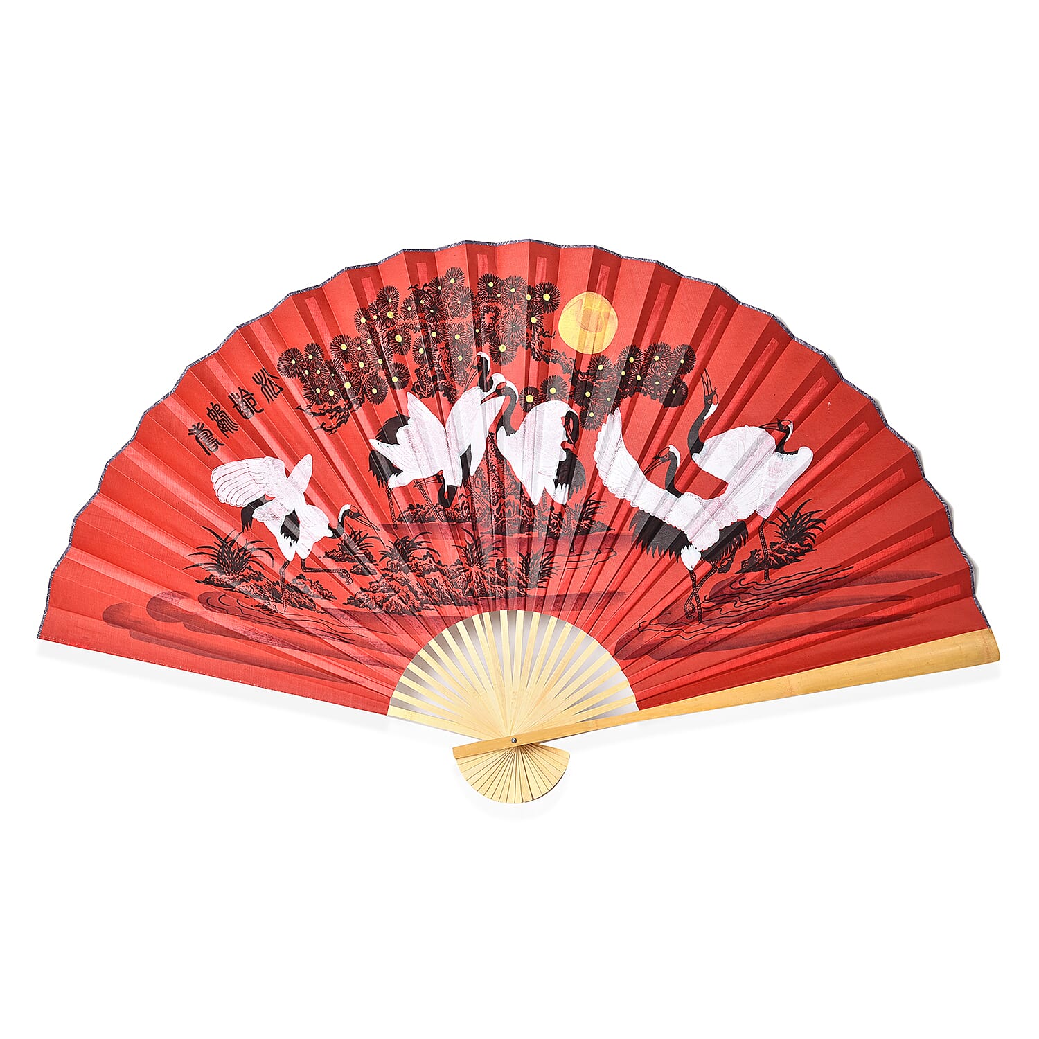 Decorative Red Bamboo & Cranes Pattern Japanese Style Folding Fan 160 Cm