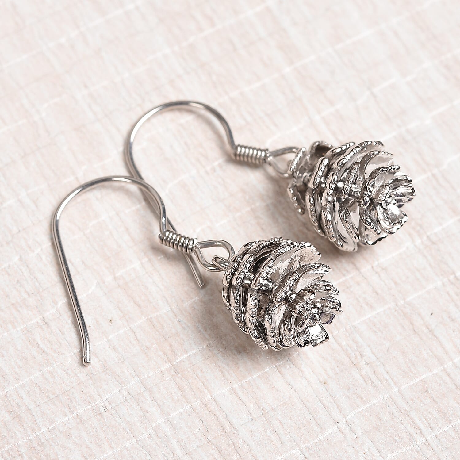 Platinum Overlay Sterling Silver Pine Cone Hook Earrings, Silver wt. 7.22 Gms