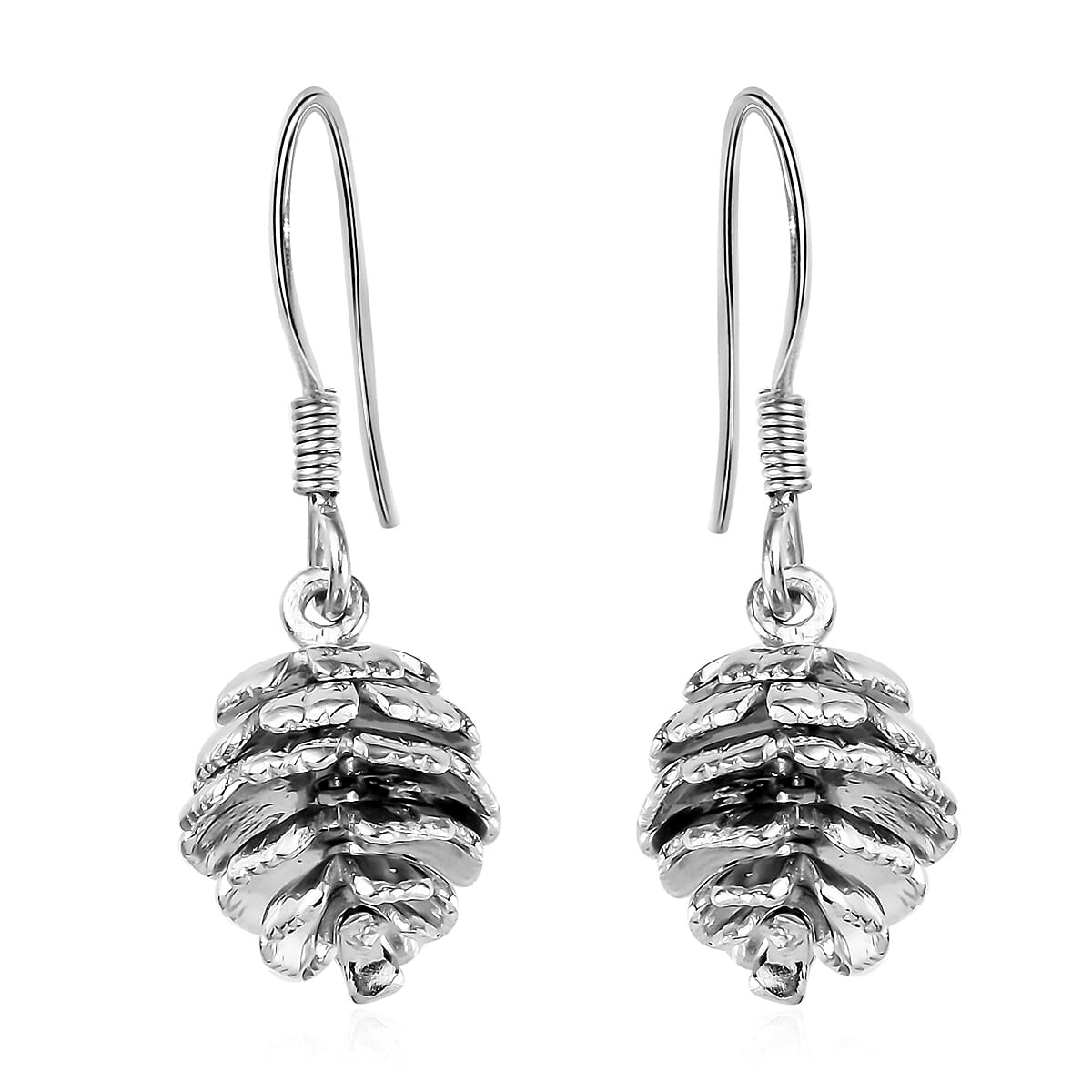 Platinum Overlay Sterling Silver Pine Cone Hook Earrings, Silver wt. 7.22 Gms