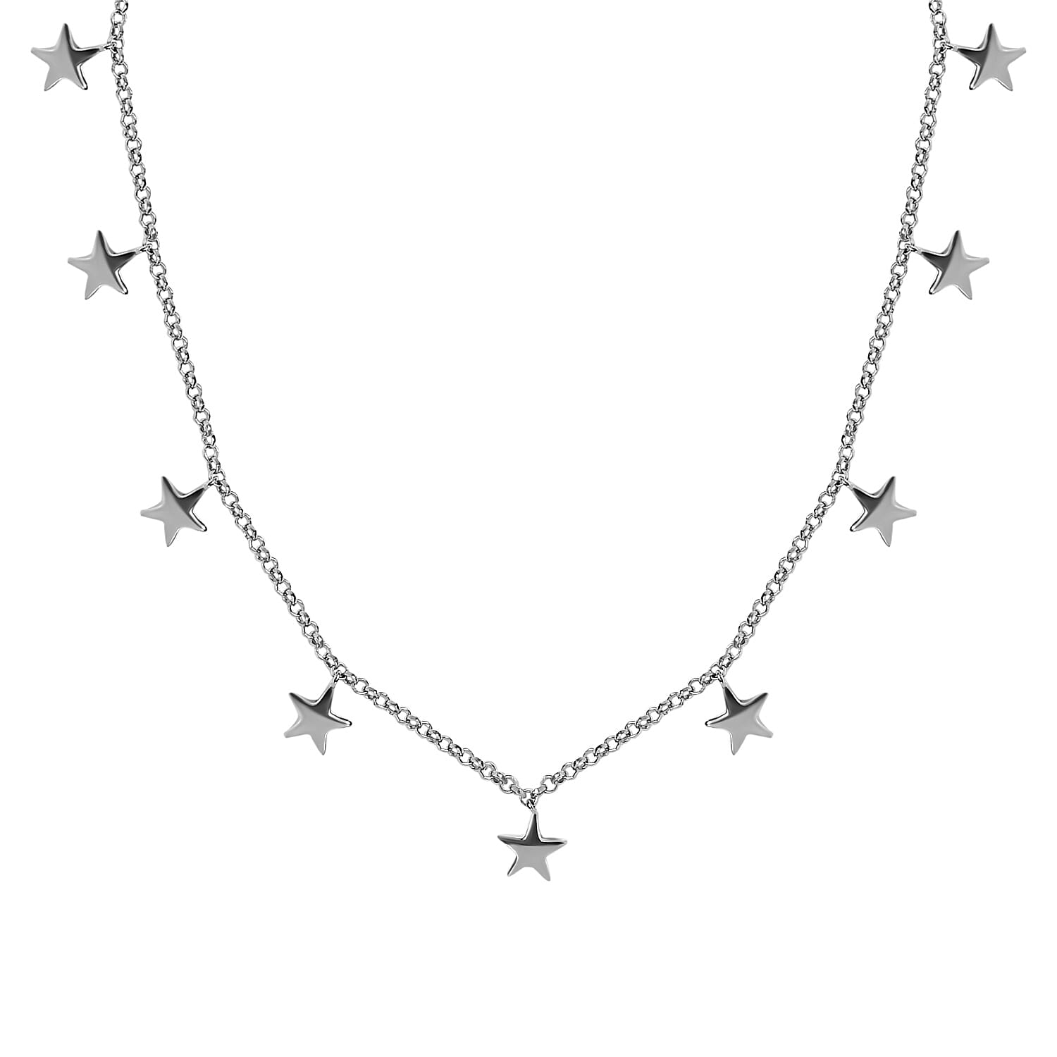 Platinum Overlay Sterling Silver Station Star Necklace (Size 18) With Lobster Clasp