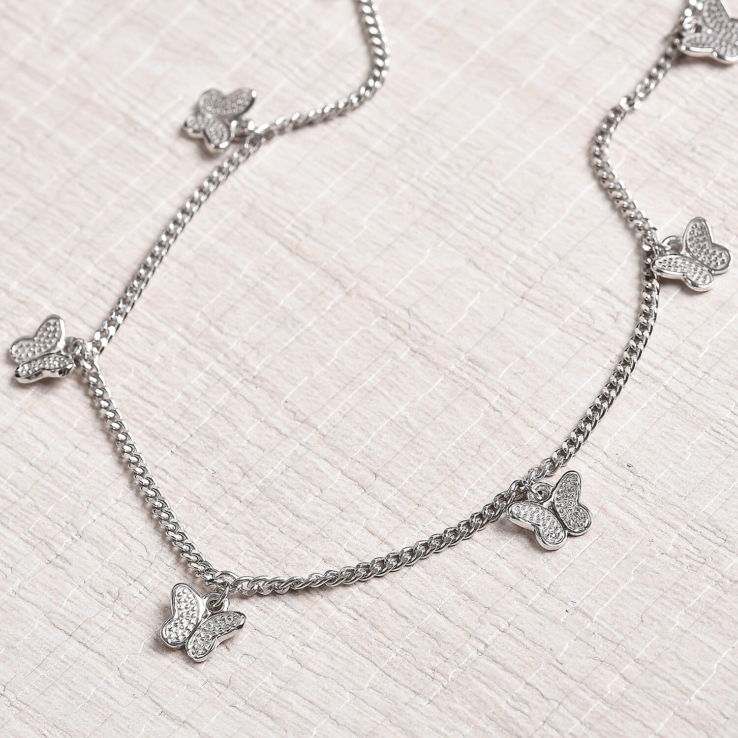 Platinum Overlay Sterling Silver Butterfly Station Necklace (Size 18), Silver wt 6.00 Gms