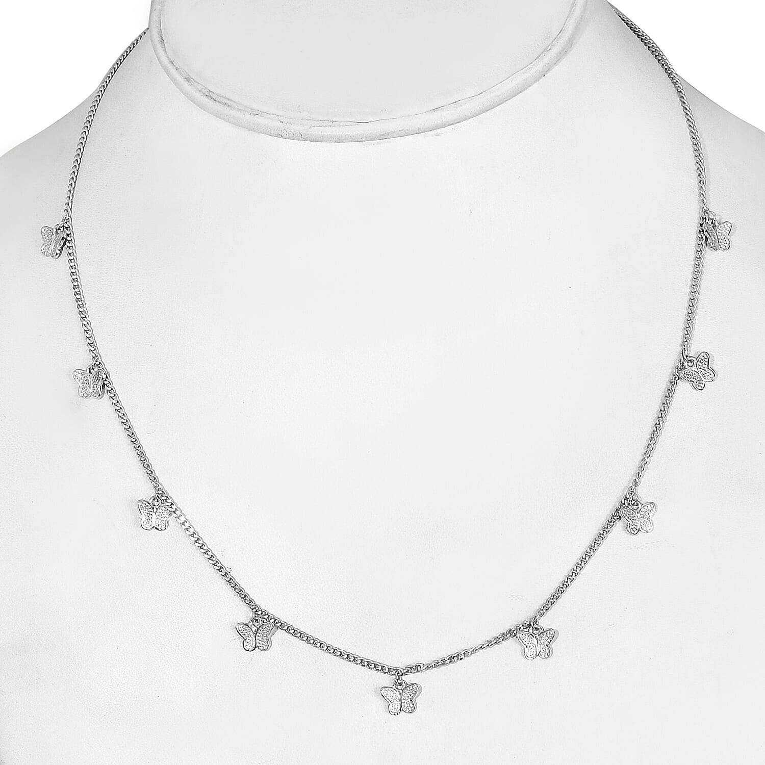 Platinum Overlay Sterling Silver Butterfly Station Necklace (Size 18), Silver wt 6.00 Gms