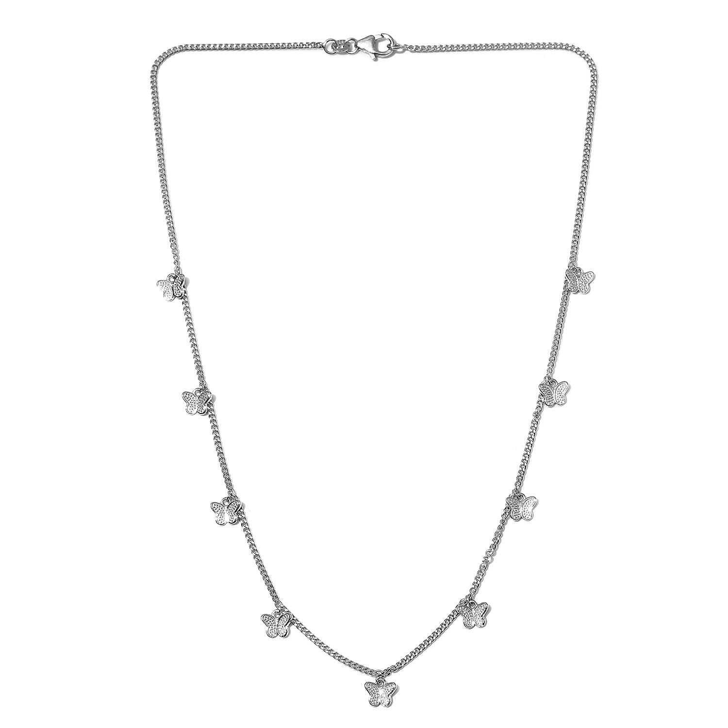 Platinum Overlay Sterling Silver Butterfly Station Necklace (Size 18), Silver wt 6.00 Gms