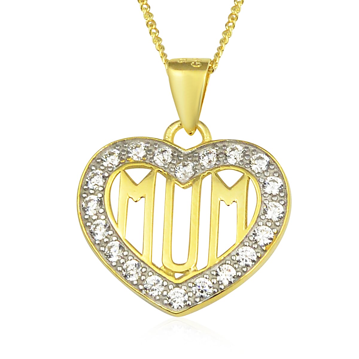 Zirconia Mum Heart Pendant with Chain (Size 18) in Yellow Gold Overlay Sterling Silver, Silver wt 3.35 Gms
