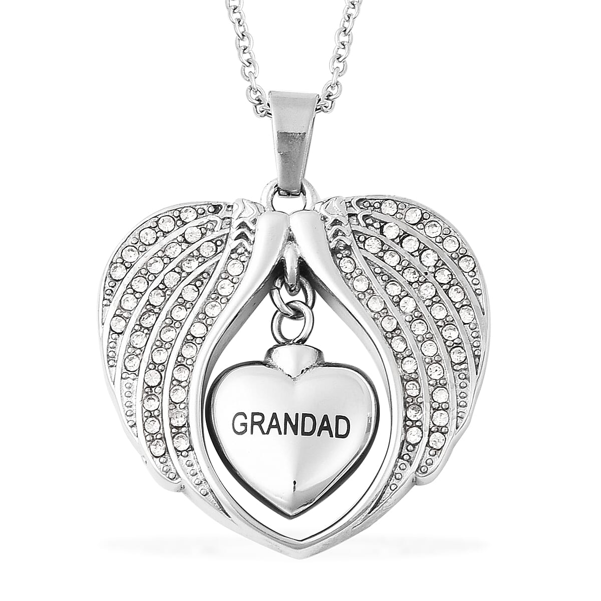 White Austrian Crystal Grandad Angel Wing Heart Memorial Urn Pendant with Chain (Size 20) in Stainless Steel