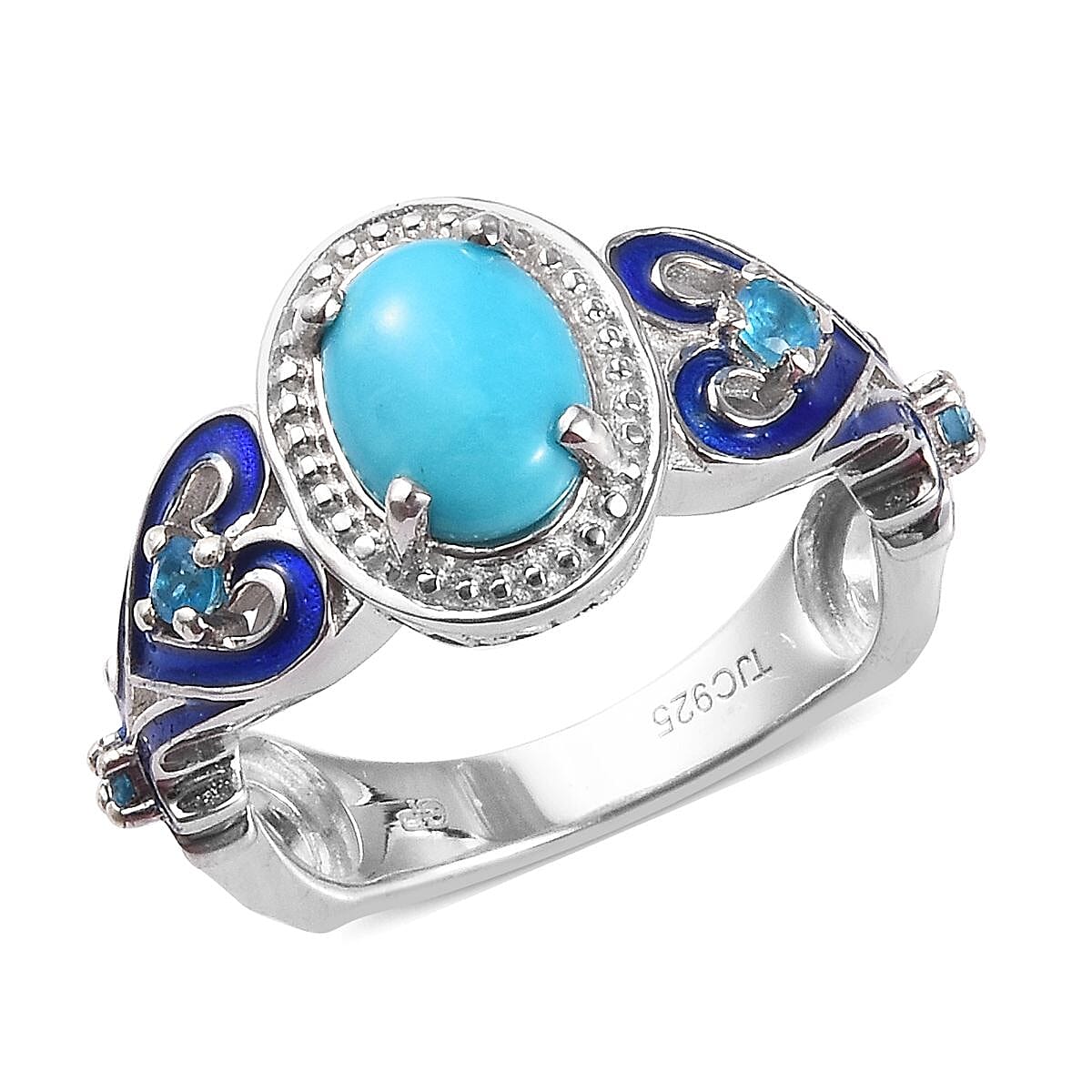 GP Arizona Sleeping Beauty Turquoise, Neon Apatite and Blue Sapphire Enamelled Ring in Platinum Overlay Sterling Silver 1.16 Ct.
