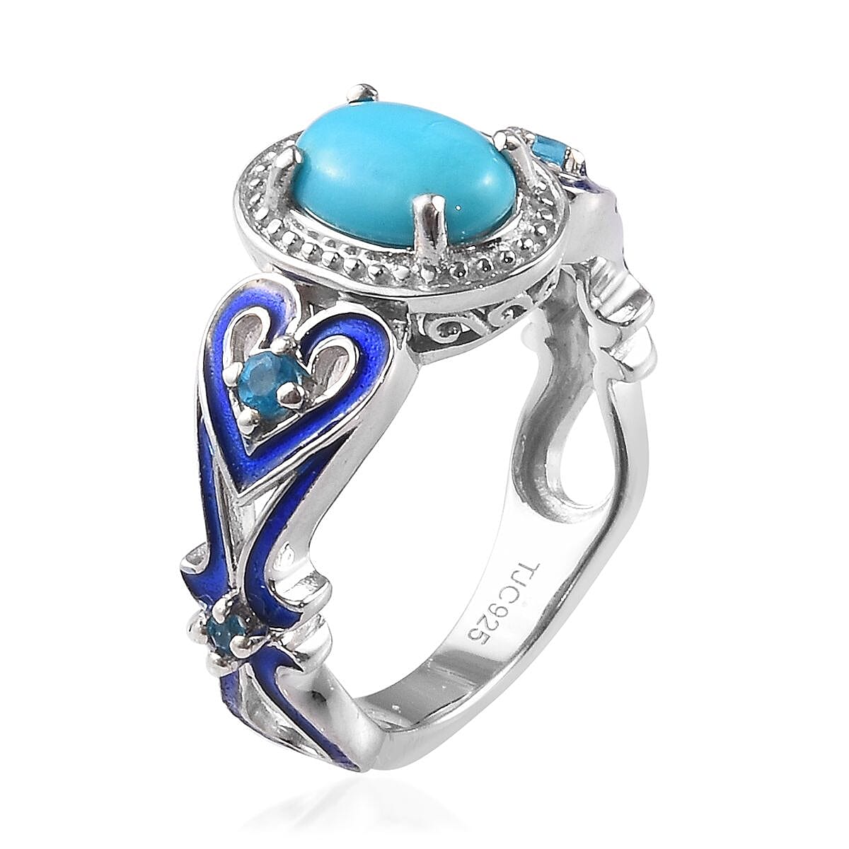 GP Arizona Sleeping Beauty Turquoise, Neon Apatite and Blue Sapphire Enamelled Ring in Platinum Overlay Sterling Silver 1.16 Ct.