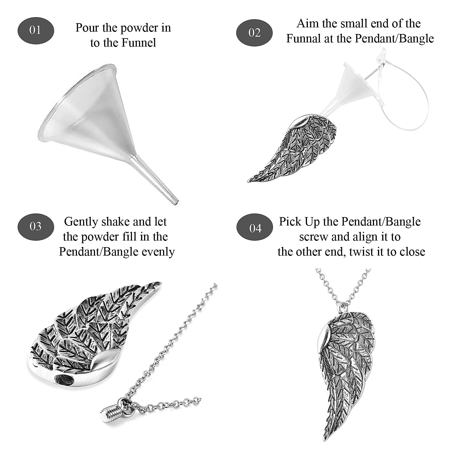 2 Piece Set - Angel Wing Memorial Pendant with Chain (Size 20) and Funnel with Needle in Stainless Steel