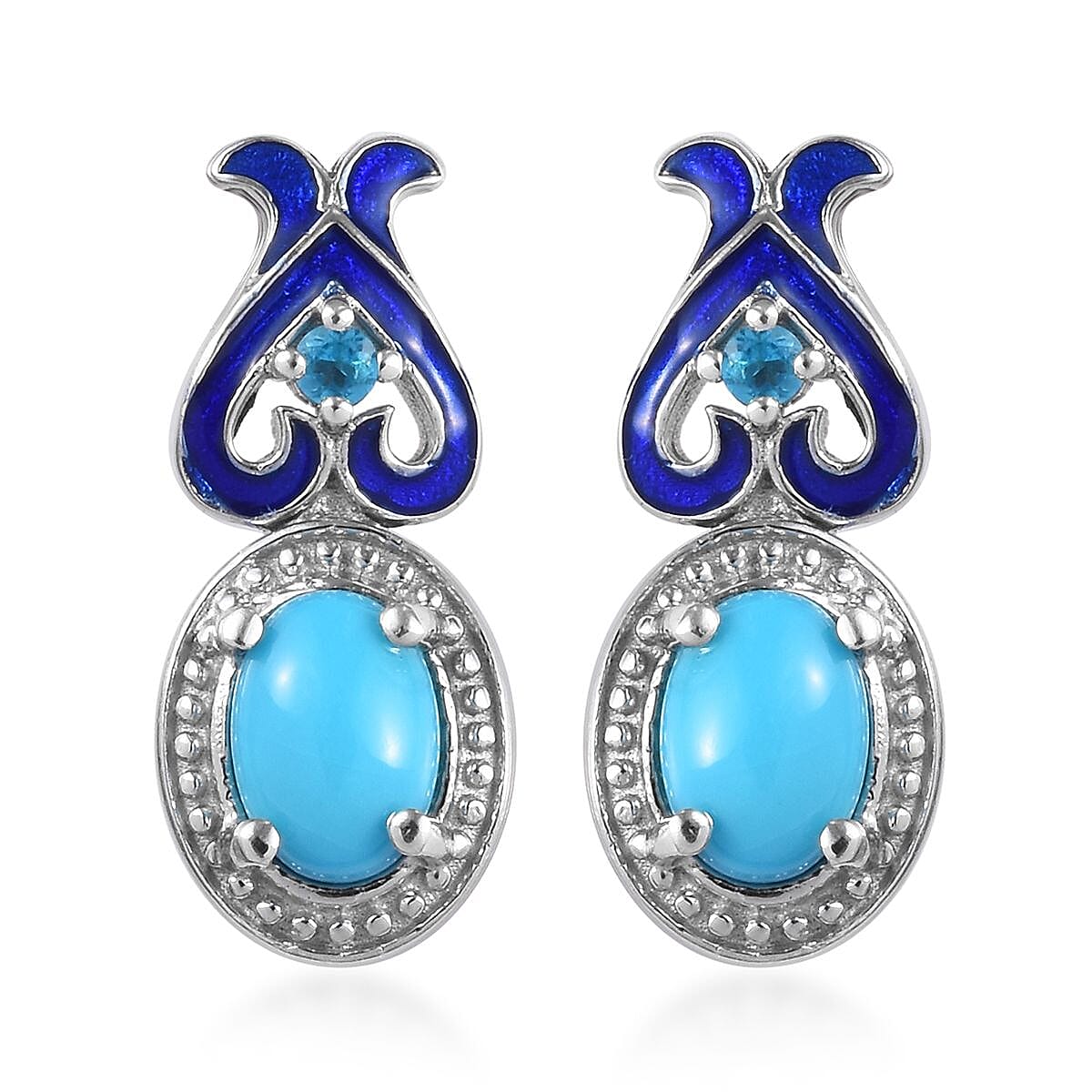 GP Arizona Sleeping Beauty Turquoise, Neon Apatite and Blue Sapphire Enamelled Earrings (with Push Back) in Platinum Overlay Sterling Silver 1.61 Ct.