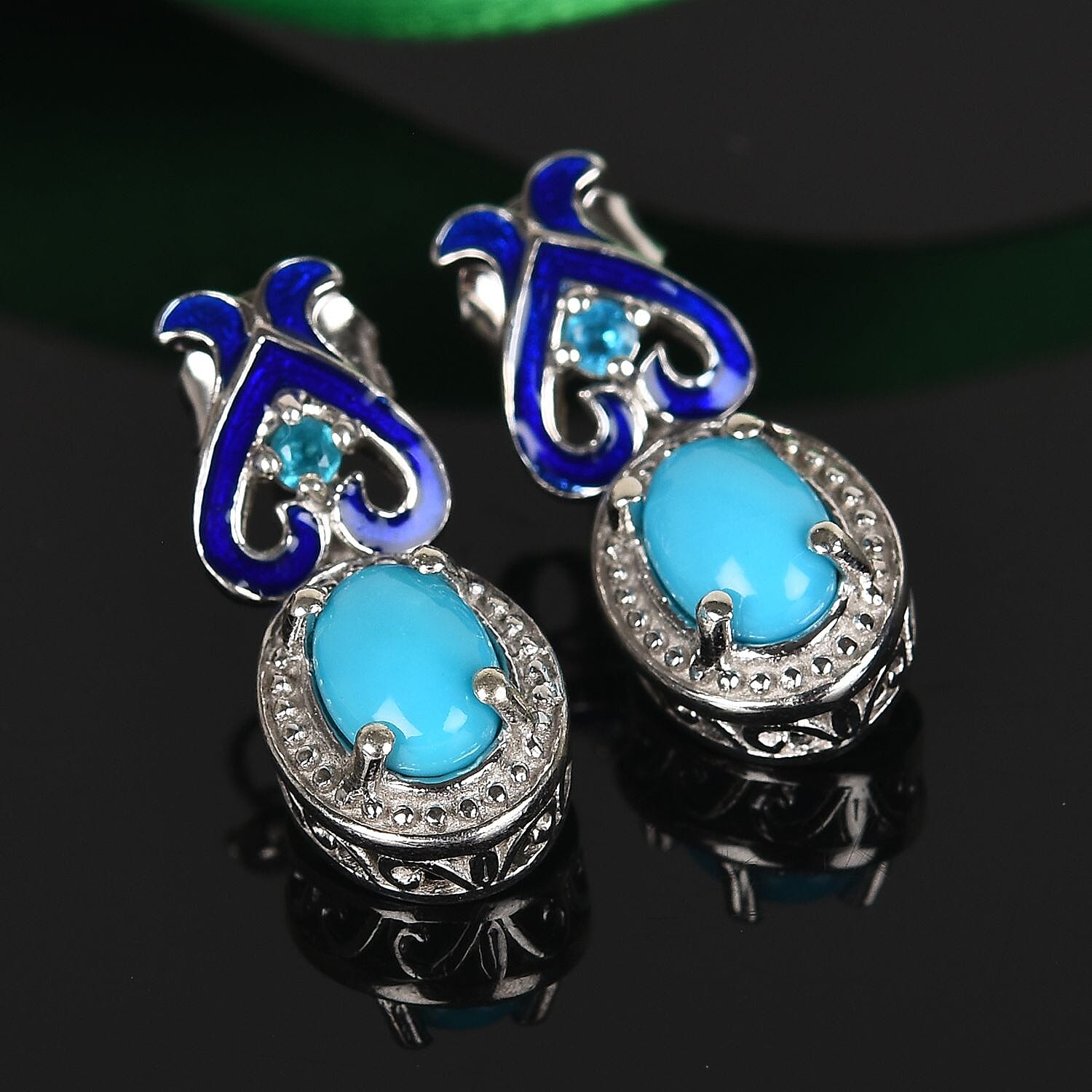 GP Arizona Sleeping Beauty Turquoise, Neon Apatite and Blue Sapphire Enamelled Earrings (with Push Back) in Platinum Overlay Sterling Silver 1.61 Ct.