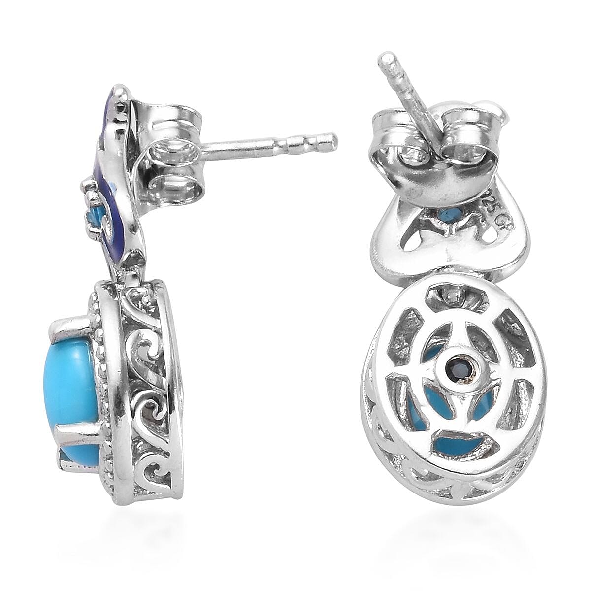 GP Arizona Sleeping Beauty Turquoise, Neon Apatite and Blue Sapphire Enamelled Earrings (with Push Back) in Platinum Overlay Sterling Silver 1.61 Ct.