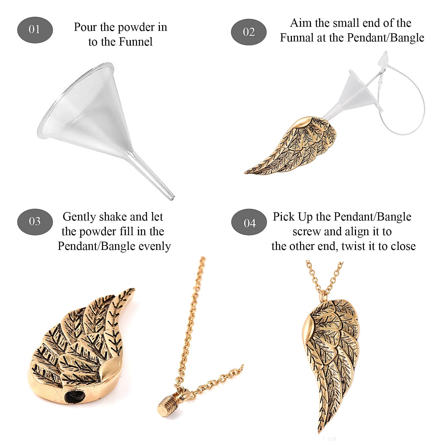 2 Piece Set - Angel Wing Memorial Pendant with Chain (Size 20) and Funnel with Needle in Yellow Gold Tone