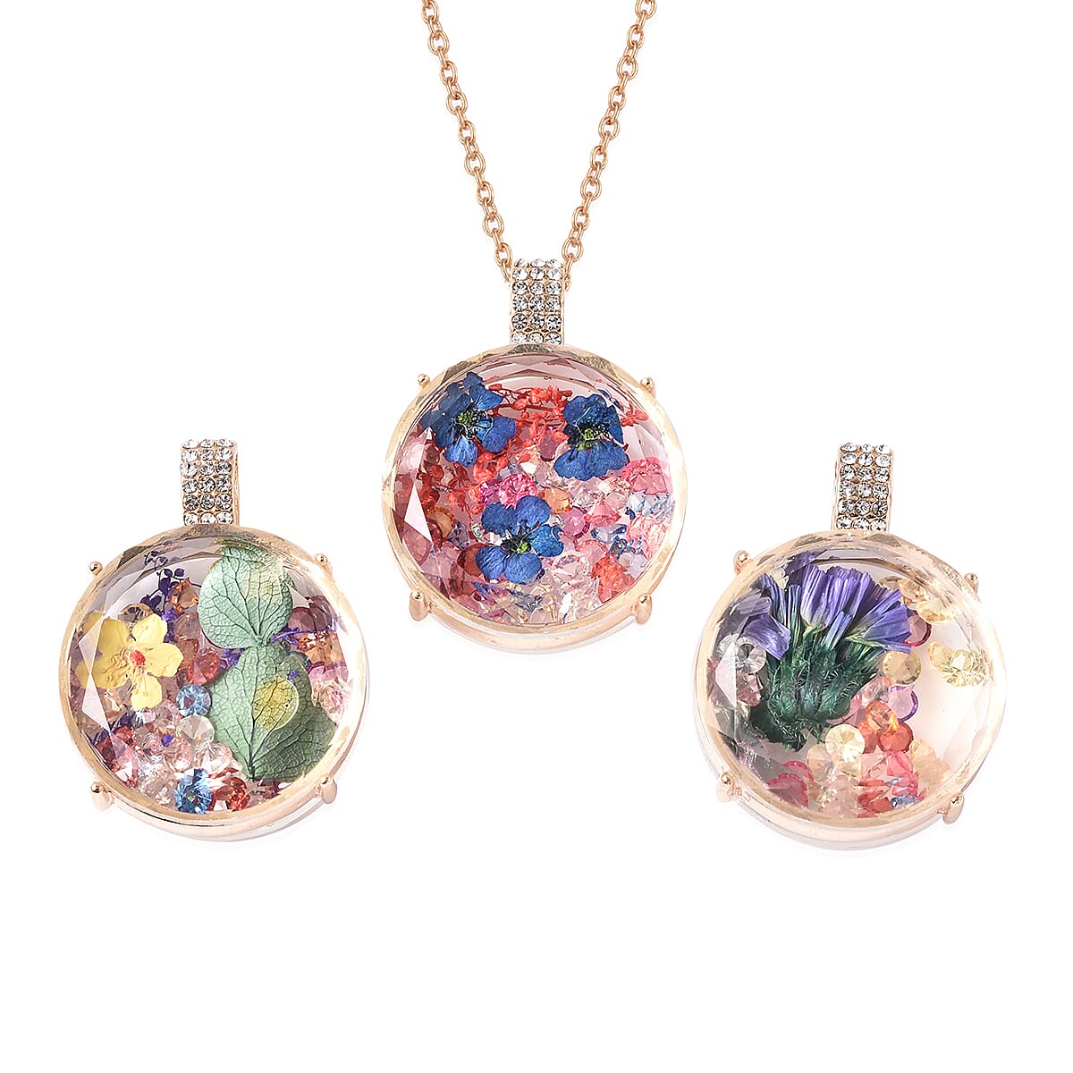 Set of 3 - Simulated Diamond and Multi Colour Austrian Crystal Dried Flower Pendant with Chain (Size 24) in Yellow Gold Tone