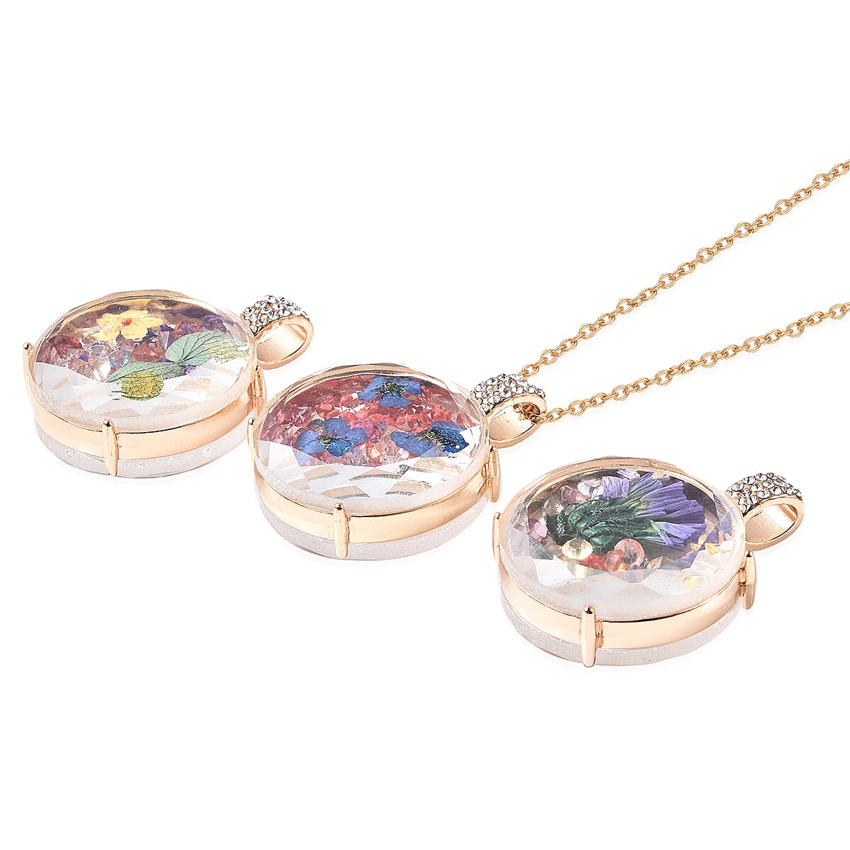 Set of 3 - Simulated Diamond and Multi Colour Austrian Crystal Dried Flower Pendant with Chain (Size 24) in Yellow Gold Tone