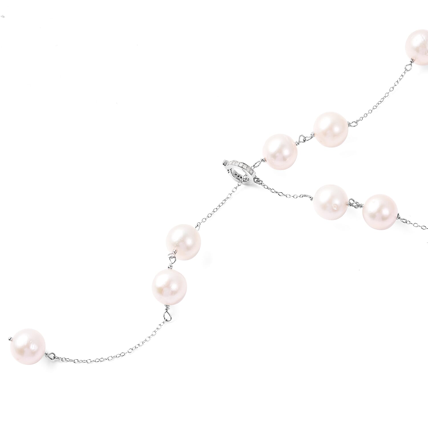 GP - White Edison Pearl, Diamond and Blue Sapphire Adjustable Lariat Necklace (Size 24) in Rhodium Overlay Sterling Silver