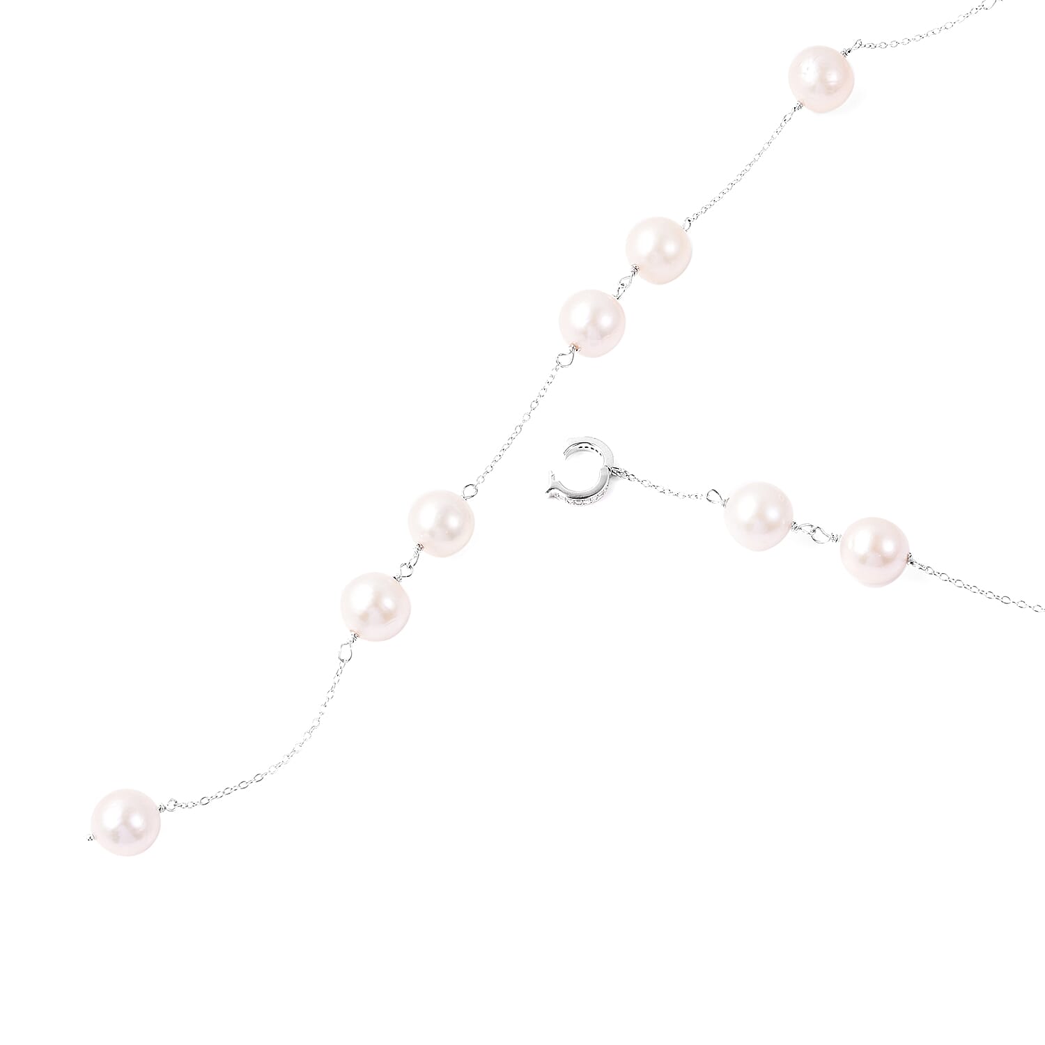 GP - White Edison Pearl, Diamond and Blue Sapphire Adjustable Lariat Necklace (Size 24) in Rhodium Overlay Sterling Silver