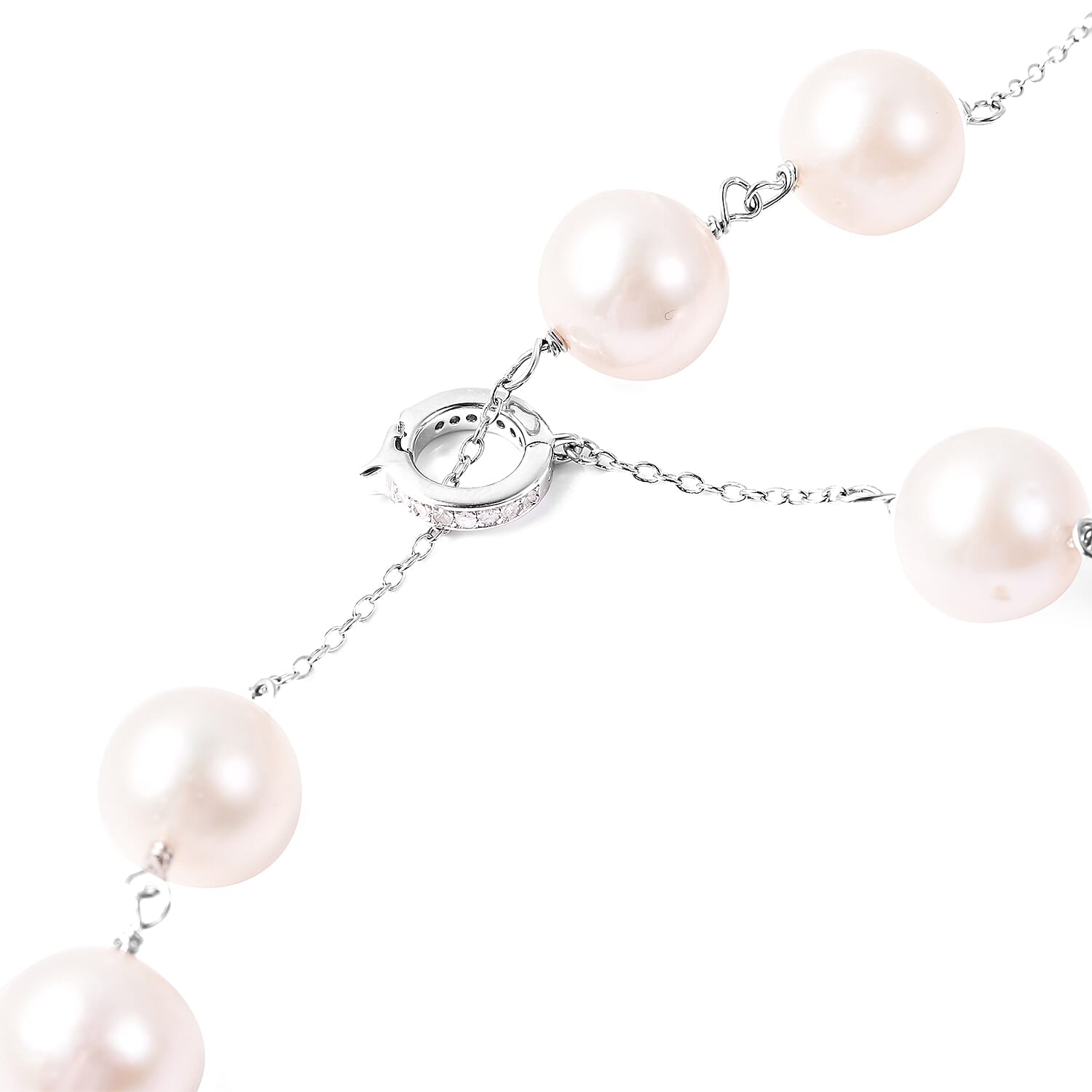 GP - White Edison Pearl, Diamond and Blue Sapphire Adjustable Lariat Necklace (Size 24) in Rhodium Overlay Sterling Silver