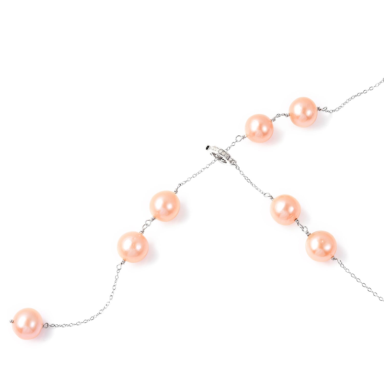 GP - Peach Edison Pearl & Diamond Adjustable Lariat Necklace (Size 24) in Rhodium Overlay Sterling Silver