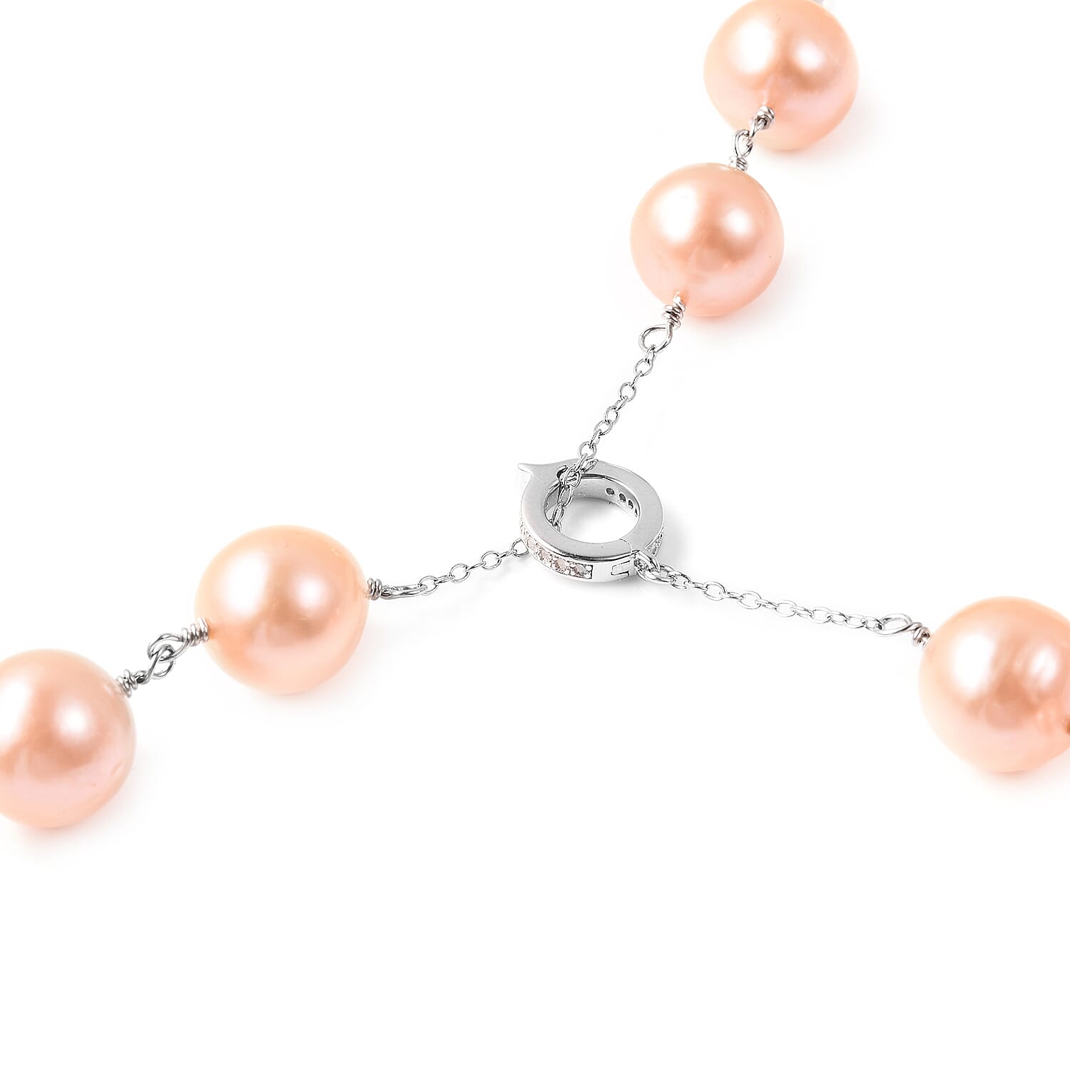 GP - Peach Edison Pearl & Diamond Adjustable Lariat Necklace (Size 24) in Rhodium Overlay Sterling Silver