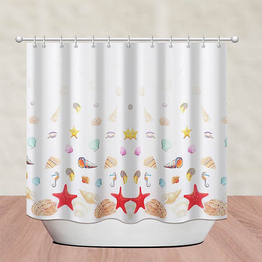 Sea-inspired Printed Waterproof Shower Curtains (Size 180x180cm) with 12 Hooks - White