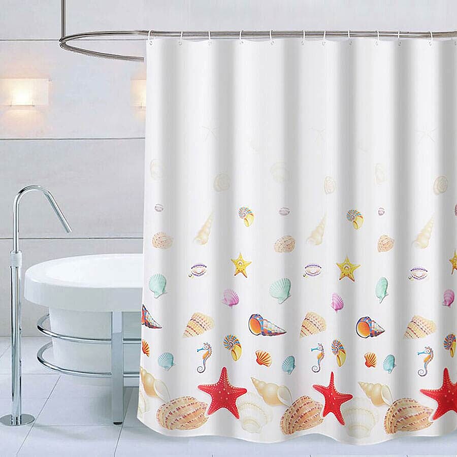 Sea-inspired Printed Waterproof Shower Curtains (Size 180x180cm) with 12 Hooks - White