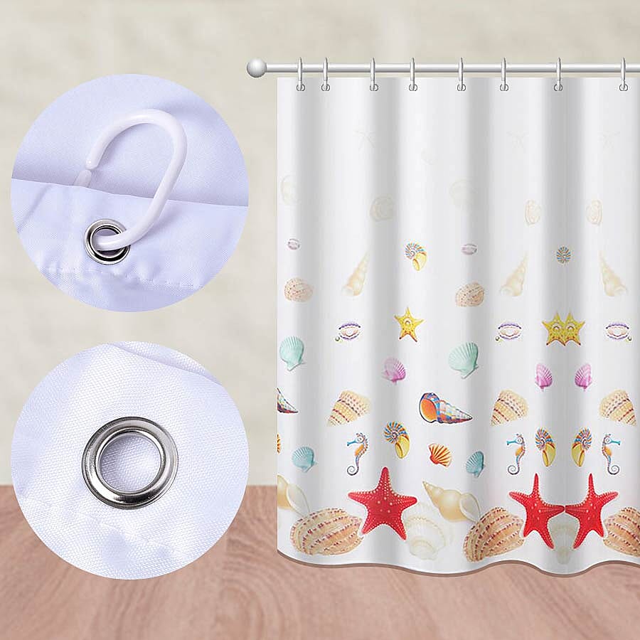 Sea-inspired Printed Waterproof Shower Curtains (Size 180x180cm) with 12 Hooks - White