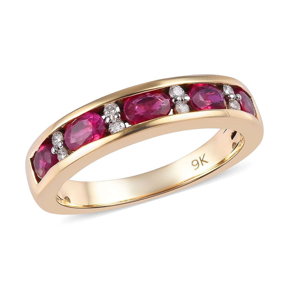 9K Yellow Gold AA Ruby and Diamond (I3-G-H) Half Eternity Band Ring 1.10 Ct.