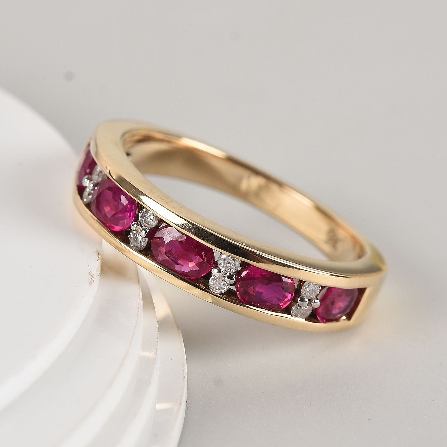 9K Yellow Gold AA Ruby and Diamond (I3-G-H) Half Eternity Band Ring 1.10 Ct.
