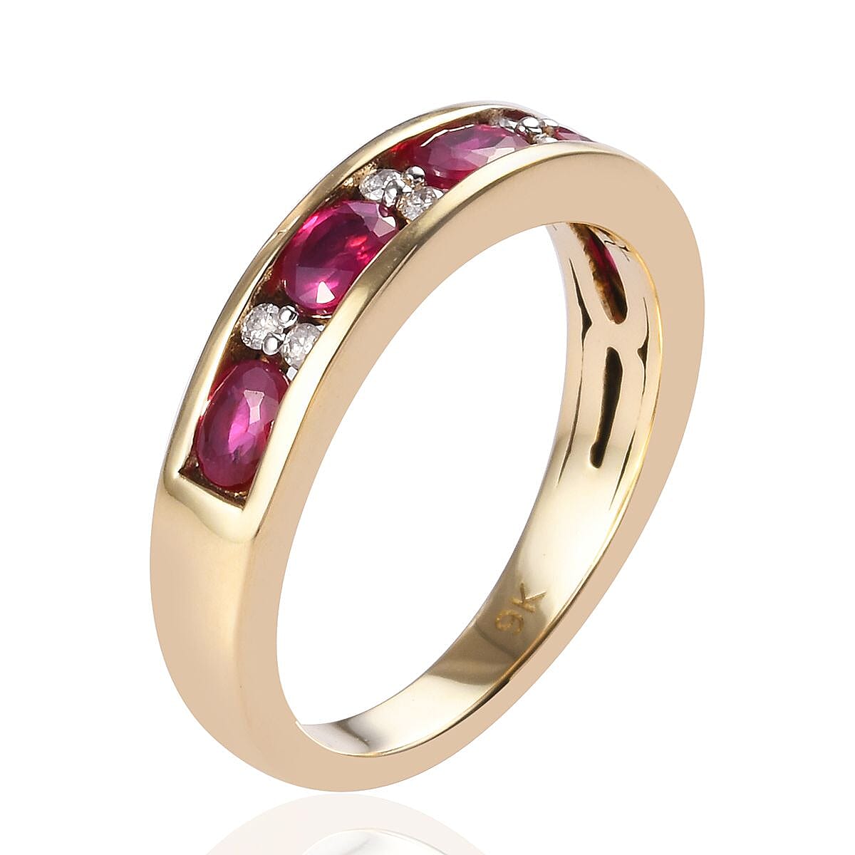 9K Yellow Gold AA Ruby and Diamond (I3-G-H) Half Eternity Band Ring 1.10 Ct.