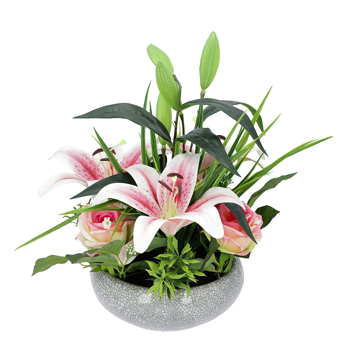 Tiger Orchids and Lovesickness Roses in Ceramic Vase - Pink