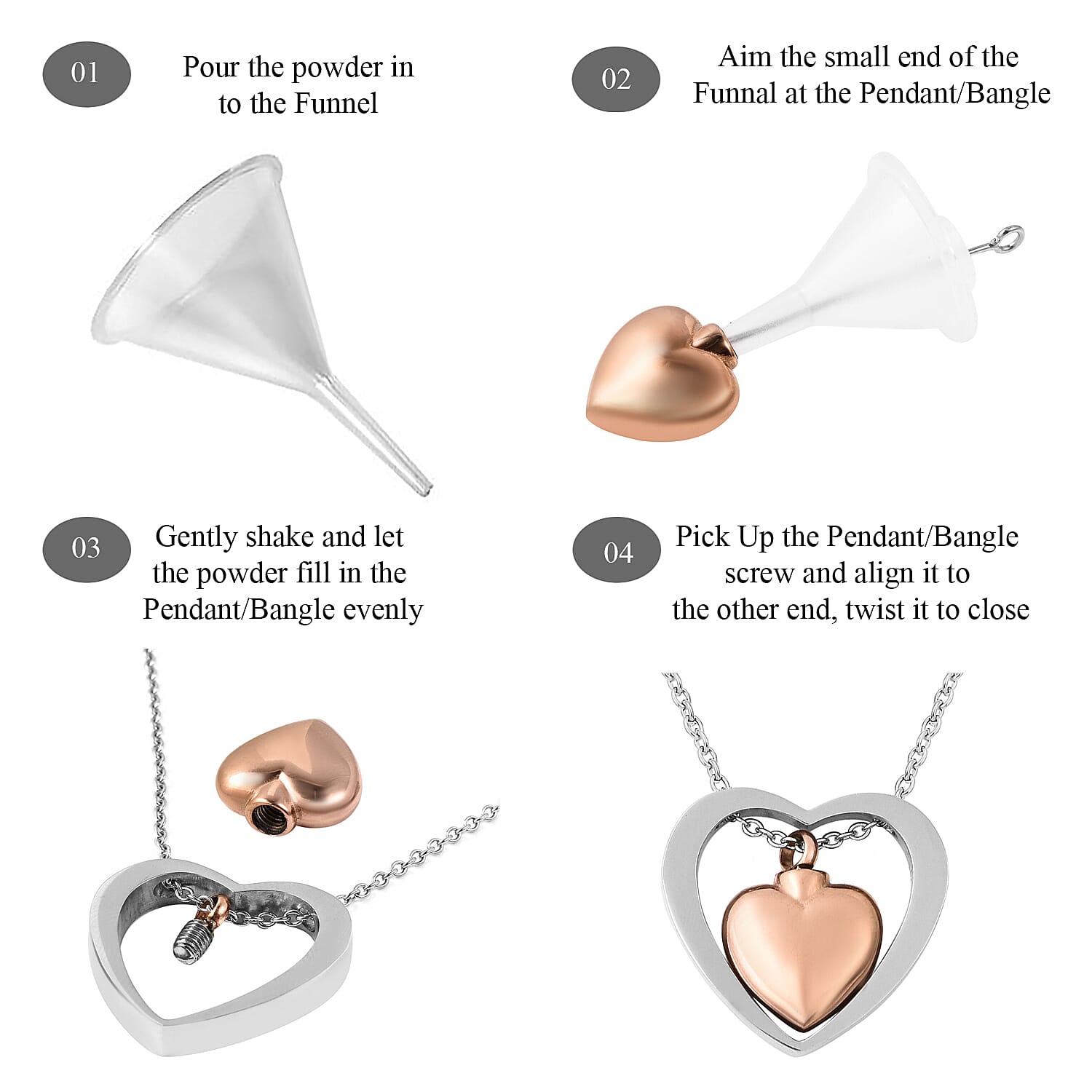 2 Piece Set - Memorial Heart Necklace (Size 20) and Funnel with Needle in Dual Tone