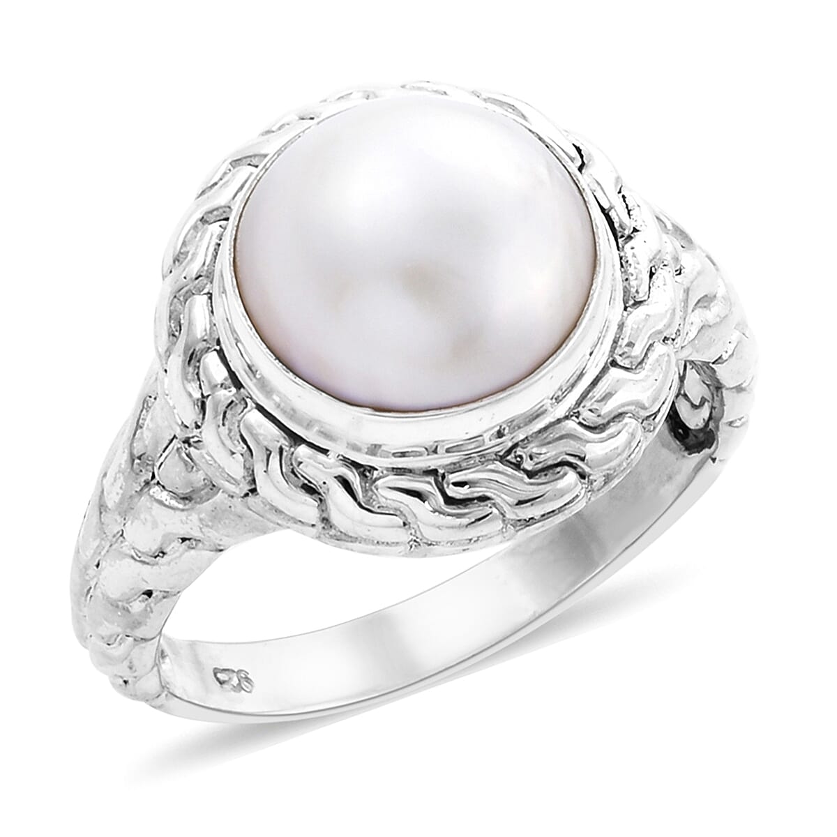 Royal Bali Collection - White Mabe Pearl Ring in Sterling Silver, Silver wt 8.25 Gms