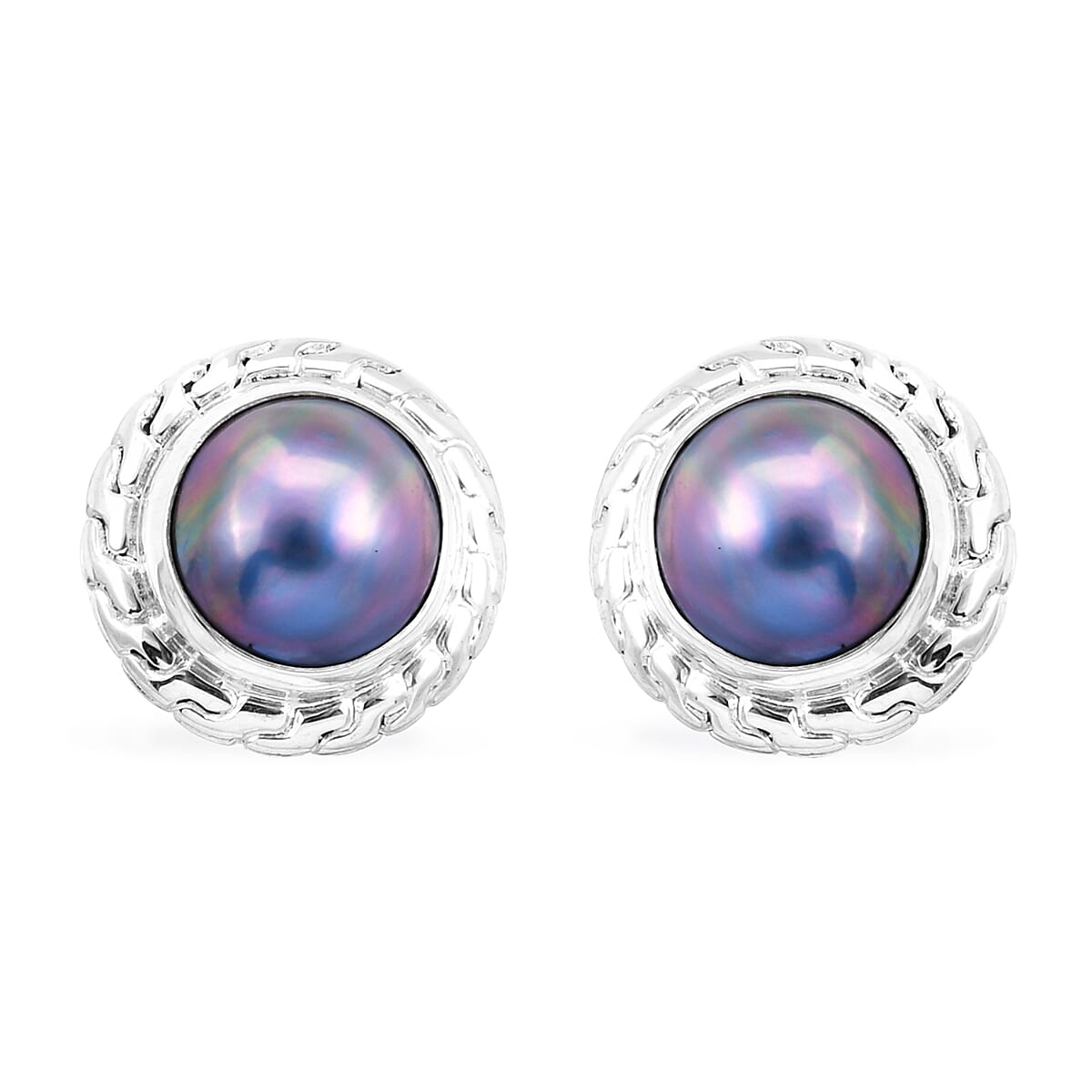 Royal Bali Collection - Blue Mabe Pearl Stud Earrings (with Push Back) in Sterling Silver, Silver wt 5.75 Gms