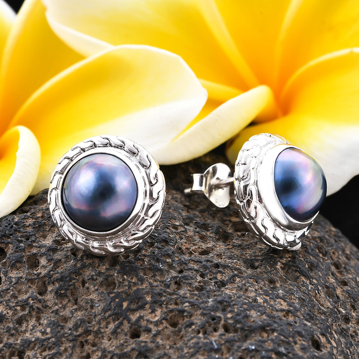 Royal Bali Collection - Blue Mabe Pearl Stud Earrings (with Push Back) in Sterling Silver, Silver wt 5.75 Gms