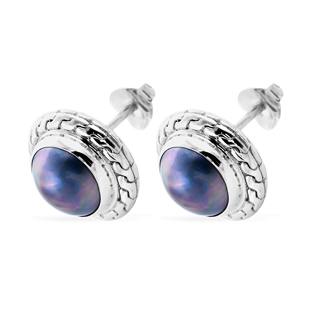 Royal Bali Collection - Blue Mabe Pearl Stud Earrings (with Push Back) in Sterling Silver, Silver wt 5.75 Gms