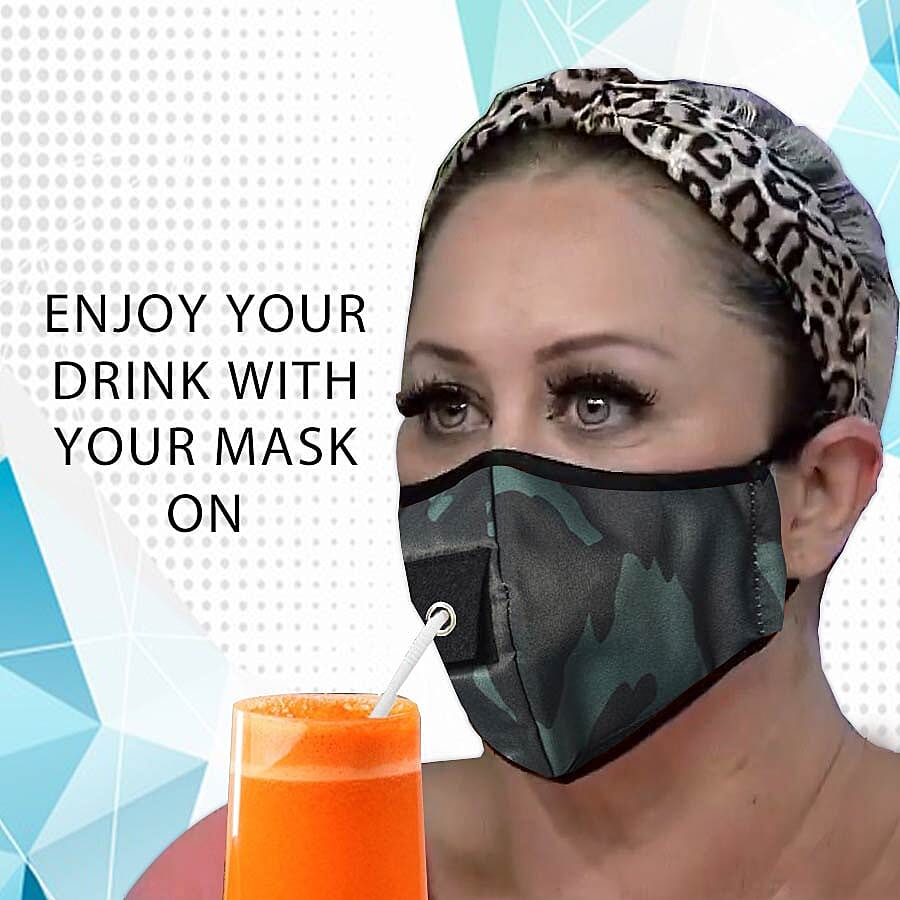 Reusable and Washable 2 Ply Face Cover with Straw Opening - Green Camouflage