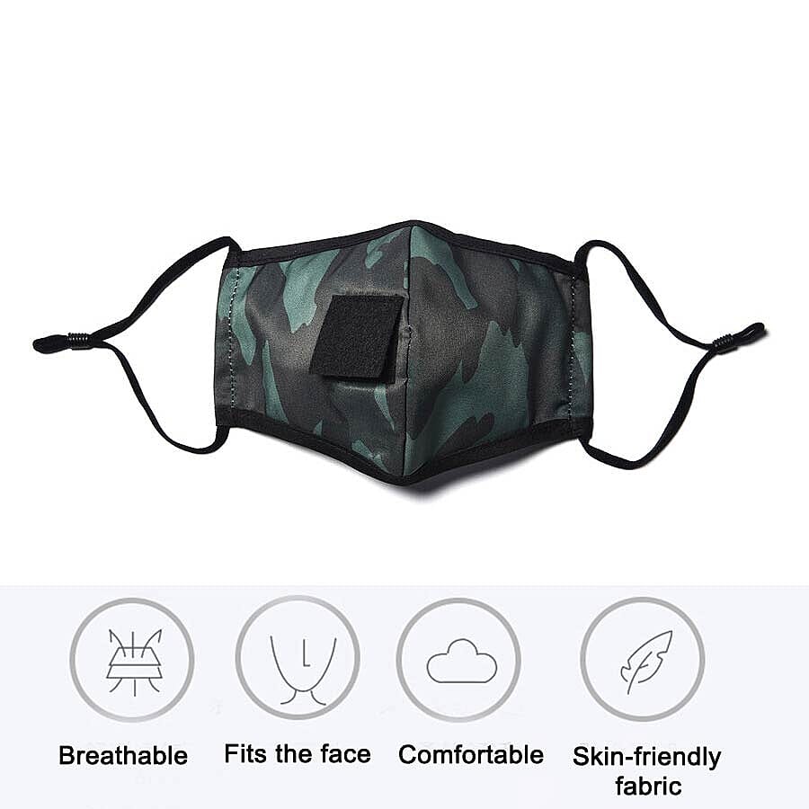 Reusable and Washable 2 Ply Face Cover with Straw Opening - Green Camouflage