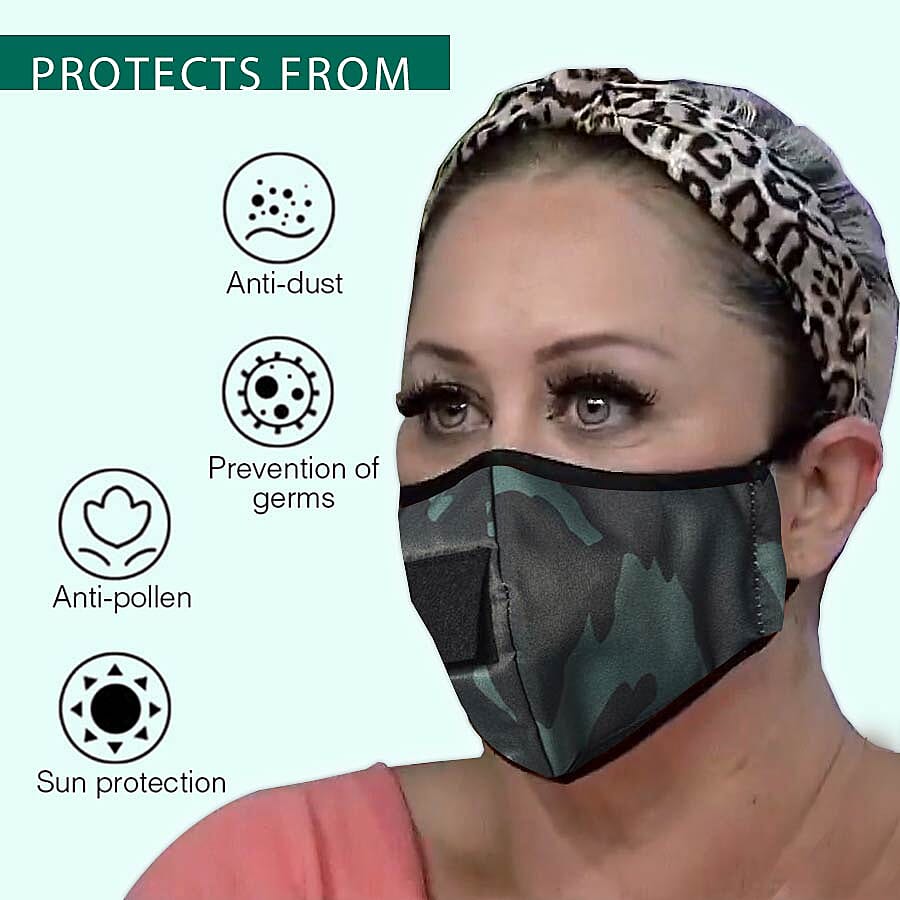 Reusable and Washable 2 Ply Face Cover with Straw Opening - Green Camouflage