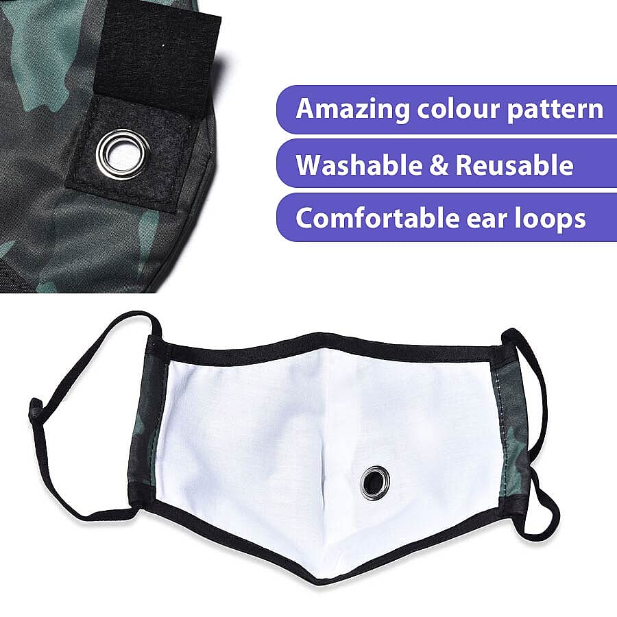 Reusable and Washable 2 Ply Face Cover with Straw Opening - Green Camouflage