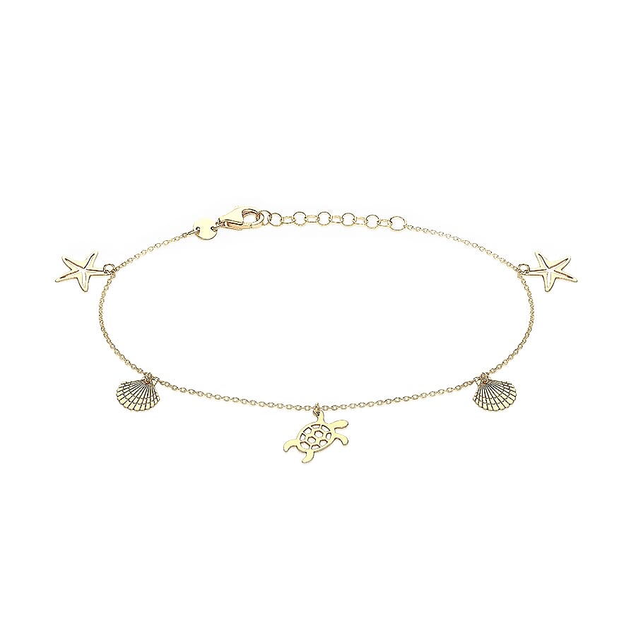 9K Yellow Gold Starfish, Shell and Turtle Charm Bracelet (Size 9.5)