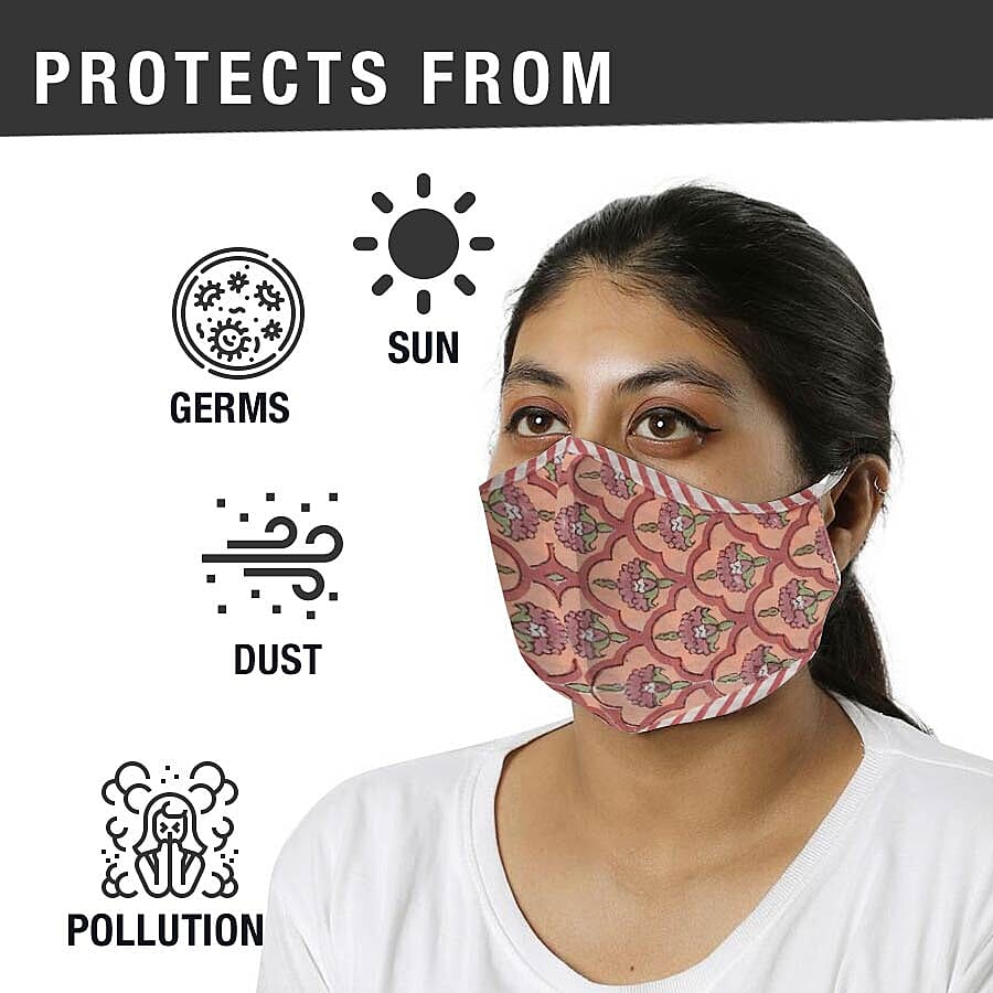 2 Piece Set - 100% Cotton Hand Block Print Double Layer Reusable Face Cover - Red and White