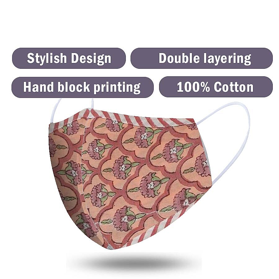 2 Piece Set - 100% Cotton Hand Block Print Double Layer Reusable Face Cover - Red and White