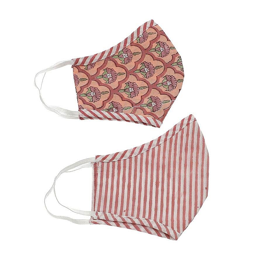 2 Piece Set - 100% Cotton Hand Block Print Double Layer Reusable Face Cover - Red and White