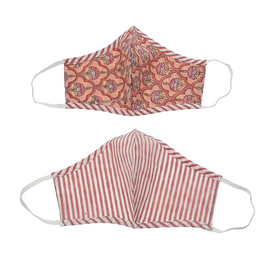 2 Piece Set - 100% Cotton Hand Block Print Double Layer Reusable Face Cover - Red and White