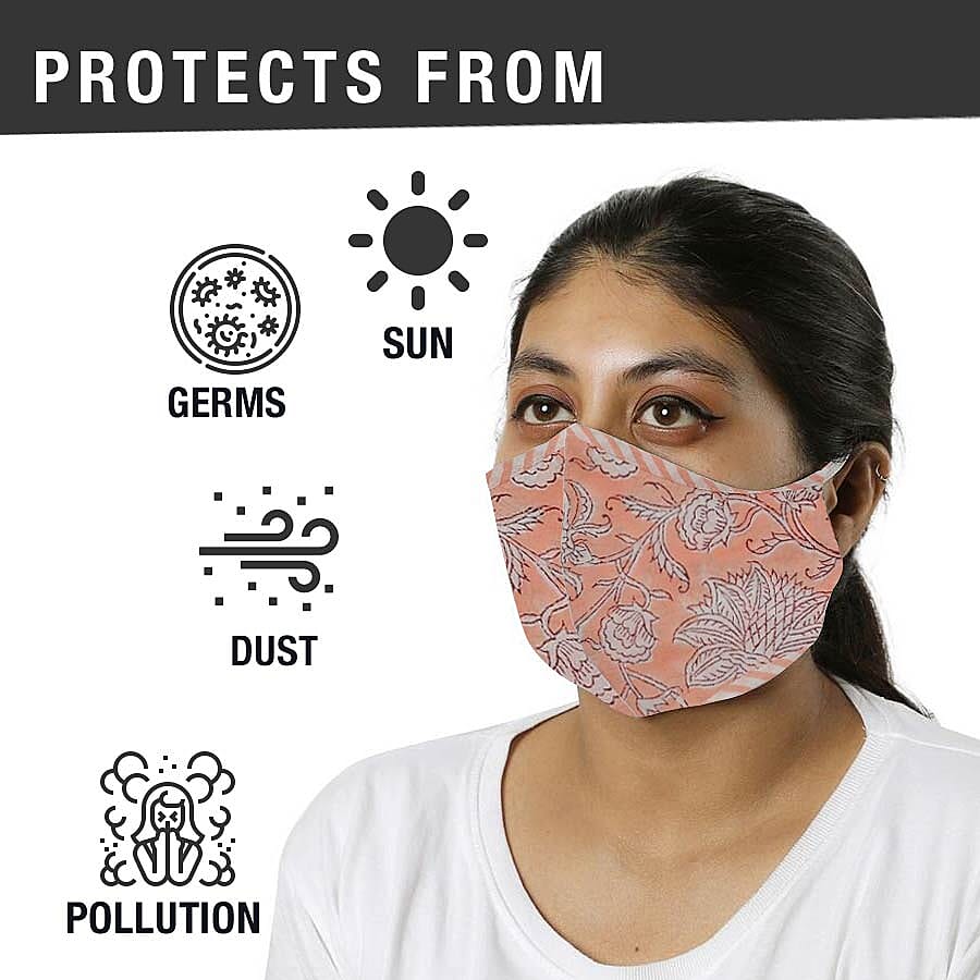 2 Piece Set - 100% Cotton Hand Block Print Double Layer Reusable Face Cover - Yellow and Peach