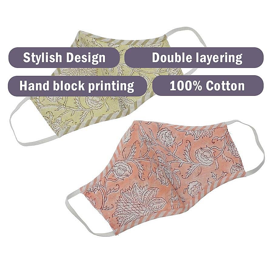 2 Piece Set - 100% Cotton Hand Block Print Double Layer Reusable Face Cover - Yellow and Peach