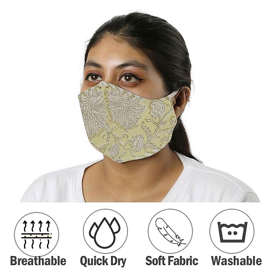 2 Piece Set - 100% Cotton Hand Block Print Double Layer Reusable Face Cover - Yellow and Peach