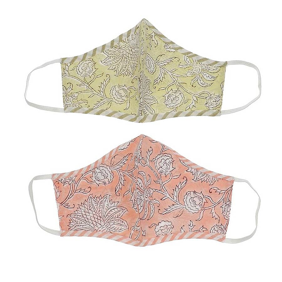2 Piece Set - 100% Cotton Hand Block Print Double Layer Reusable Face Cover - Yellow and Peach