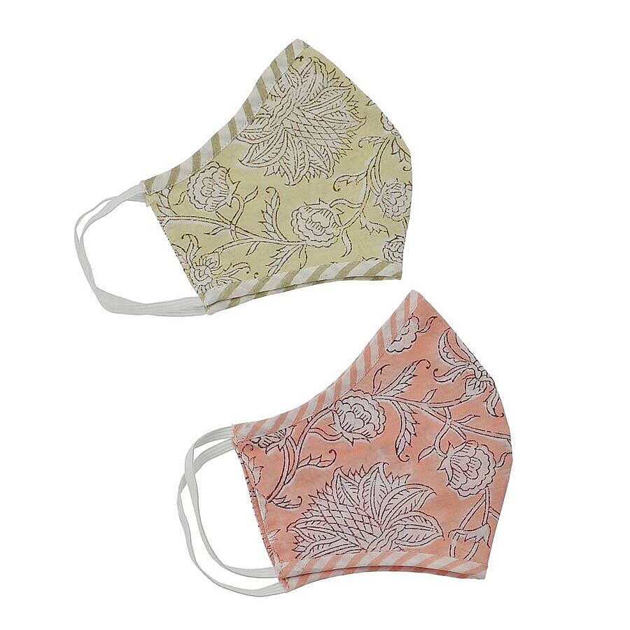 2 Piece Set - 100% Cotton Hand Block Print Double Layer Reusable Face Cover - Yellow and Peach